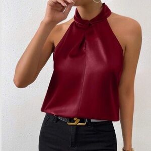 Luxe twist neck halter top burgundy